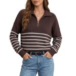 Hilogo Classic Striped Turtleneck Sweater Women Quarter Zip - Elegant Vintage Tencel Blend Soft Stretchy Fall Winter Office