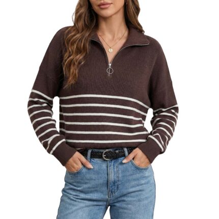 Hilogo Classic Striped Turtleneck Sweater Women Quarter Zip - Elegant Vintage Tencel Blend Soft Stretchy Fall Winter Office