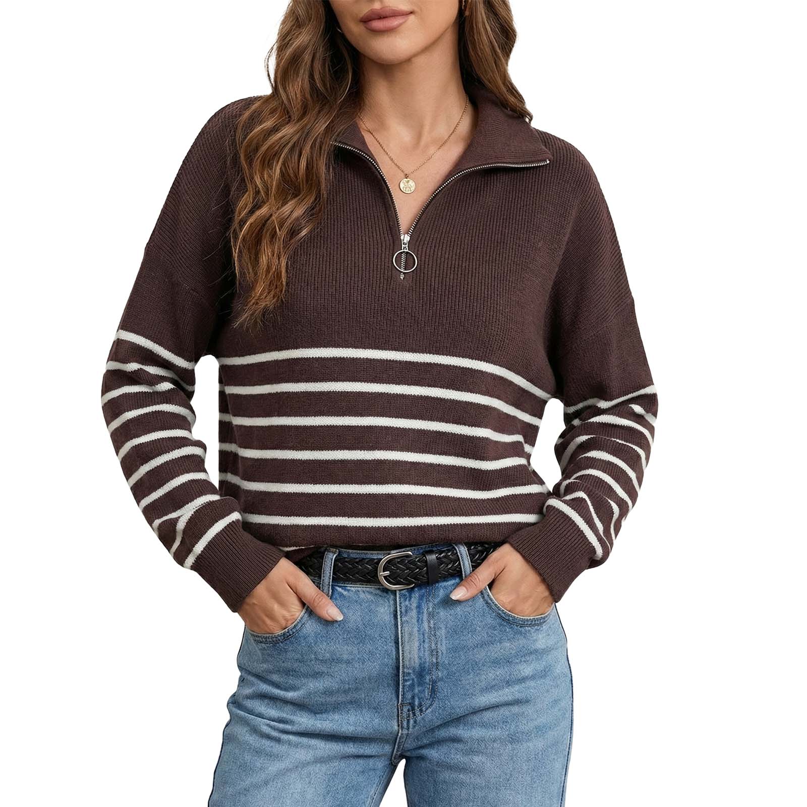 Hilogo Classic Striped Turtleneck Sweater Women Quarter Zip - Elegant Vintage Tencel Blend Soft Stretchy Fall Winter Office