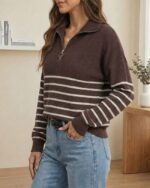 Hilogo Classic Striped Turtleneck Sweater Women Quarter Zip - Elegant Vintage Tencel Blend Soft Stretchy Fall Winter Office - Image 2