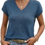 Linen&Lyocell Blend Short Sleeve Sweater Women V Neck Knit Top