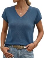 Linen&Lyocell Blend Short Sleeve Sweater Women V Neck Knit Top
