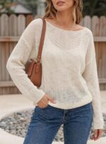 Hilogo Crochet Hollow Out Top Women Crew Neck Long Sleeve - Breathable Lyocell Oversized Beach Cover Up Spring Summer - Image 4