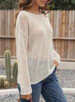 Hilogo Crochet Hollow Out Top Women Crew Neck Long Sleeve - Breathable Lyocell Oversized Beach Cover Up Spring Summer - Image 3