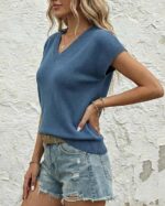 Linen&Lyocell Blend Short Sleeve Sweater Women V Neck Knit Top - Image 2