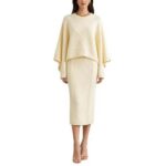 HILOGO Women's 2-Piece Knit Sweater Skirt Set - Crew Neck Long Sleeve Pullover Top, High Waist Midi Skirt Matching Outfit, Soft Textured Womenswear Suits for Fall Winter